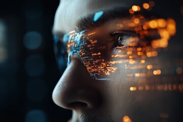 Poster - A person wearing glasses with digital information reflecting in their lenses, representing technological awareness and digital innovation in a modern setting.