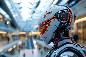 Poster - A high-tech robotic head with intricate details glows vibrantly in a stylish, futuristic setting; symbolizing advanced technology and artificial intelligence.