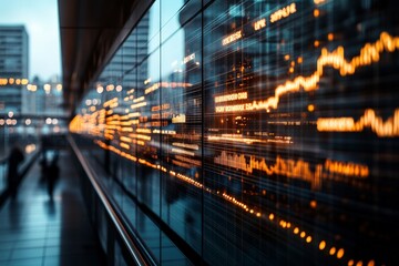 Poster - A vibrant digital display showcases a glowing stock market graph, creating a dynamic visual in an urban setting, symbolizing modern finance and technology.