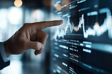 Poster - A hand points decisively at analytics on a digital screen, highlighting charts and data trends, symbolizing business insight, precision, and technology.