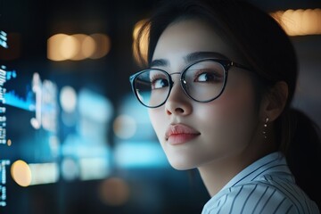 Poster - A woman with glasses, immersed in thought, stands before a digital data display, symbolizing intelligence and innovation in the tech-based world.