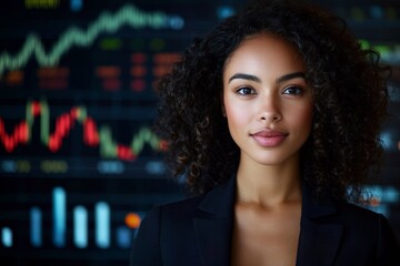 Poster - A confident woman stands poised before a digital screen displaying stock market graphs, embodying modern economic dynamics amidst vivid color contrasts.