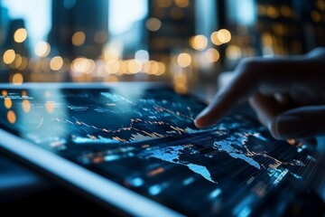 Poster - A close interaction with a digital screen showing intricate visual data and graphs depicting global market trends against a backdrop of a modern cityscape.