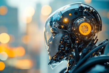 Poster - A futuristic robot head is depicted with intricate mechanical details and glowing city lights in the background, symbolizing advanced technology and future innovation.
