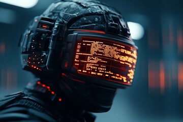 Poster - A soldier wearing a high-tech headset with a digital display interface covering the eyes is shown in a futuristic environment, suggesting warfare and technological advancement.