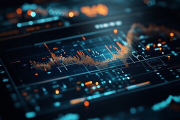 Poster - Detailed graphs showcased on a digital screen represent data analysis and futuristic design, reflecting technological advancement and precision in a virtual landscape.