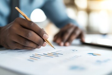 Poster - A close-up of a hand holding a pen making notes on a financial chart, illustrating a business analysis concept with vibrant data visualization elements.
