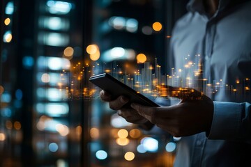 Poster - A man in casual attire uses a digital tablet, engaging with data or content, with a cityscape and dynamic light bokeh effect in the background adding vibrancy.