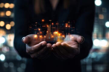 Poster - A pair of hands presents a glowing digital graph hologram illustrating financial growth and futuristic technology in a dimly lit atmosphere.