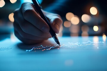 Poster - a hand sketches with a pen on digital graphs, surrounded by abstract lights, symbolizing data analys