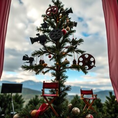 Wall Mural - christmas tree adorned with miniature cameras film reels and director chairs in a film studio enviro