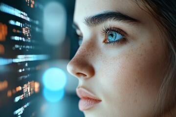 Poster - A close-up image of a woman's eye reflecting digital information streams, illustrating the connection between human cognition and technological environments.