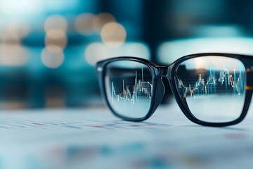 Poster - A close-up of eyeglasses reflecting a graph of stock market analytics, symbolizing financial analysis, investment strategies, and the digital age of information.