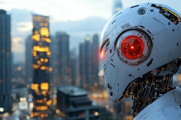 Poster - A humanoid robot with a glowing red eye overlooks a futuristic cityscape, symbolizing themes of artificial intelligence, modernity, and future possibilities.