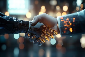 Poster - A human hand and a robotic hand shake in a futuristic setting, symbolizing the collaboration between humans and technology, with glowing cybernetic details.