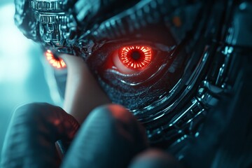 Poster - A close-up of a futuristic robot featuring intense red glowing eyes, depicting a high-tech, cybernetic design, symbolizing AI and robotics innovation and advancement.
