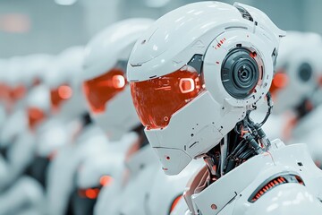 Poster - A sleek row of futuristic white robots lined up, each adorned with red visors, showcasing advanced technology and innovation in robotic design and engineering.