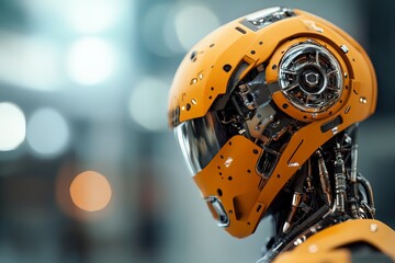 Poster - A yellow robot head showcasing intricate mechanical systems, exhibiting contemporary robotics and cutting-edge design in a sleek, industrial setting.