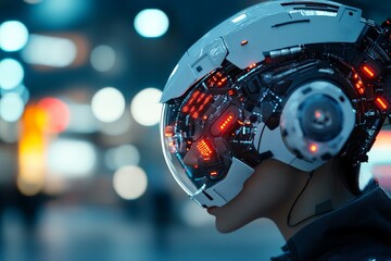 Poster - A person wearing an advanced, digital helmet with glowing lights, creating a tech-infused futuristic feel amidst a blurred cityscape backdrop.