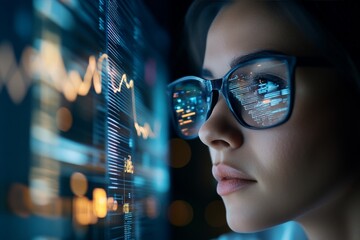 Poster - A young woman wearing glasses intently analyzes data displayed on a futuristic digital interface, reflecting intelligence and determination.