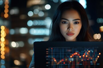 Poster - A determined woman analyzes complex data charts on her laptop, set against a blurred cityscape background, representing focus and analytical skills.