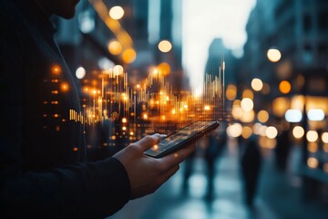 Poster - A person holding a smartphone with a digital data visualization overlay, symbolizing connectivity, communication, and technological advancement in a modern city.
