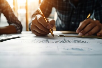 Poster - Hands of business professionals work diligently on financial documents with graphs, conveying a scene of analysis and strategic planning.