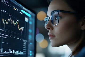 Poster - A focused woman wearing glasses carefully analyzes fluctuating stock market data displayed on a screen, representing intellect and financial understanding.