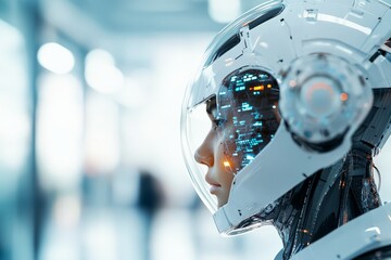Poster - A side profile of a futuristic helmeted figure, showcasing digital data displays within the helmet, symbolizing advanced technology and modern innovation.