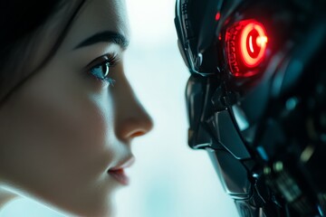 Poster - A human closely interacting with a technologically advanced robot, its glowing red eye symbolizing the fusion of humanity and technology, creating futuristic possibilities.