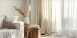 © vasile - A living room with white walls linen curtains and a sofa in neutral tones a wooden side table and window curtains In the style of farmhouse chic decor home interior desi