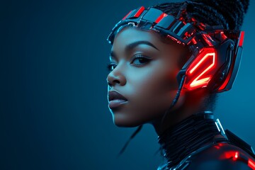 Poster - A woman wearing a sleek, futuristic headset with glowing red lights gazes into the distance, embodying a sci-fi or cyberpunk aesthetic with high-tech innovation.
