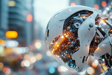 Poster - A highly detailed robotic head with glowing lights and visible inner mechanics, set against a blurred city backdrop, conveying advanced technology and innovation.