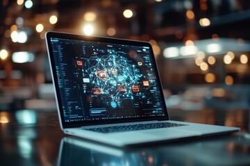 Poster - A laptop screen displaying a complex digital network visual, representing connectivity and the intricate web of modern communication and technological discourse.