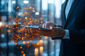 Poster - A business professional in a suit holds a tablet, interacting with a glowing digital interface representing communication and information technology in a modern setting.