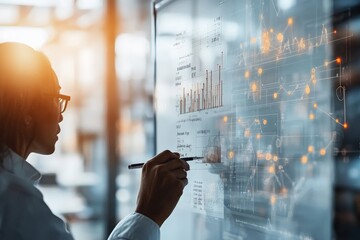 Poster - A scientist writes detailed analytical data on a futuristic transparent board, signifying progress and innovation with digital charts and graphs in a modern laboratory setting.