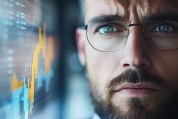 Poster - A serious man with glasses focuses intensely on financial graphs displayed on a computer screen, representing business analysis, strategy, and market trends insights.