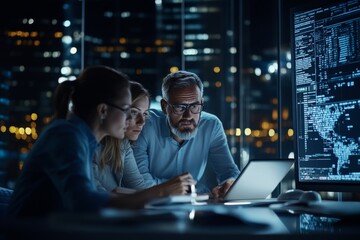 Poster - a group of three professionals scrutinize data displayed on computers within a contemporary office a