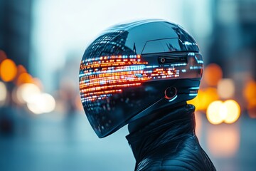 Poster - A futuristic helmet with a digital display is worn by a person against a blurred, vibrant city background, representing the merging of technology and daily life.