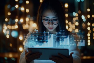 Poster - A young woman engages with data visualization on a tablet amidst glowing lights, representing technology's integration with human curiosity and advancement.