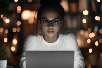 Poster - A focused woman with glasses working on a laptop at night, surrounded by a warm ambience, symbolizing dedication and productivity in a digital age workspace.