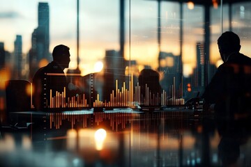 Poster - Colleagues engage in a business meeting, with digital analytics visualizations reflecting on windows, representing data analysis, teamwork, and strategy.