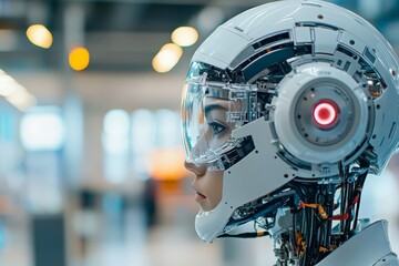 Poster - A detailed side profile of a humanoid robot, showcasing intricate mechanics and futuristic design, capturing the essence of artificial intelligence advancement.
