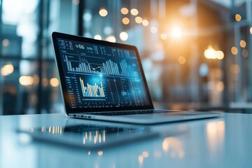 Poster - A laptop showcases various financial charts and graphs in a bright, modern office setting, emphasizing technology and business analytics under soft lighting conditions.