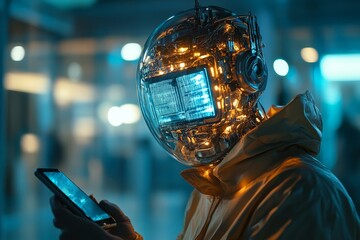 Poster - A futuristic robot with a digital interface helmet interacts with a smartphone, symbolizing technology and artificial intelligence's future.