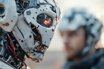 Poster - A close-up view of a mechanical robot head, exemplifying detailed design and craftsmanship, evoking thoughts of artificial intelligence and futuristic innovation.
