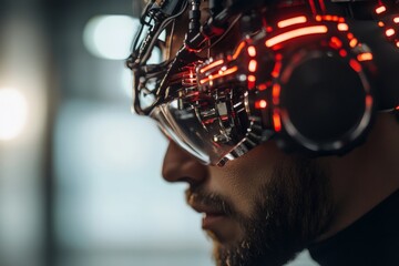Poster - Side view of a person wearing a high-tech AR headset, illuminated by vibrant red neon lights, showcasing a blend of technology and futuristic style.