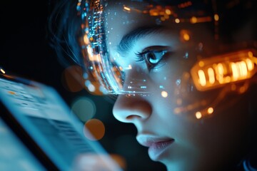 Poster - A woman with a high-tech holographic interface is deeply engrossed in her device, symbolizing modern technology and the future of human-computer interaction.