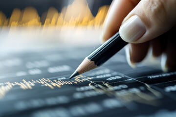Poster - A detailed close-up of a hand using a pencil to draw precise financial market graphs on a digital interface, highlighting the intersection of technology and finance.