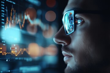 Poster - This image captures a person analyzing financial charts on a screen, with data reflections on their glasses, emphasizing focus, analysis, and modern finance technology.